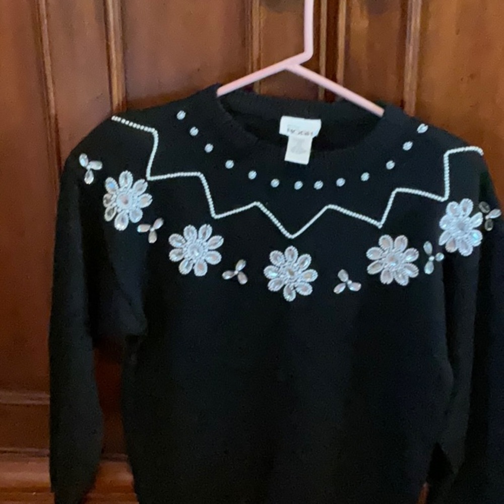 Vintage Gorgeous Beaded Snowflakes Sweater, Mister Noah, Black w White w Tags